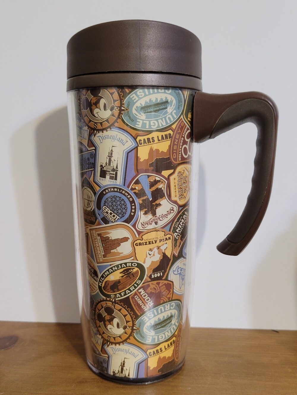 Disney Parks Travel Mug Tumbler Retro Attraction Patch Collage with Handle 18oz